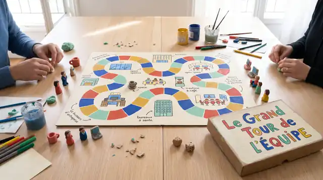 Plateau de jeu peint à la main, pions modelés et boîte « Le Grand Tour de l'Équipe » sur une table de bureau